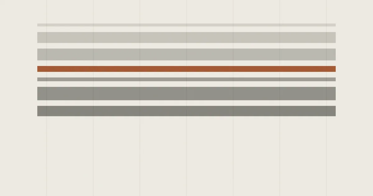 Abstract composition of stacked horizontal bands of varying weight over a faint column grid